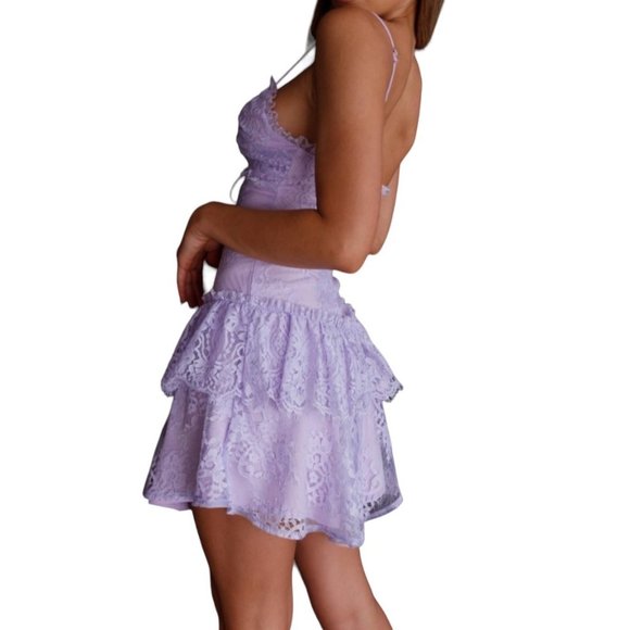 Angel Biba Sleeveless Tiered Shimmer Lace Mini Dress Purple Size Small NWT - Picture 4 of 5